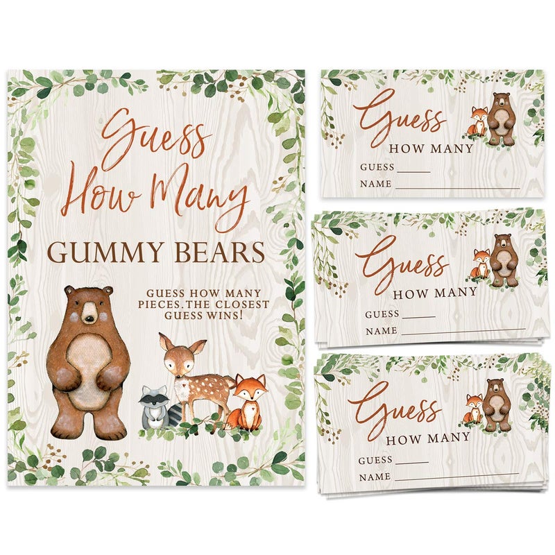 Printed Party Baby Shower Games â€“ Guess How Many Candy Jar Game, Woodland Forest Animals Theme, 50 Cards & Sign - Image 1